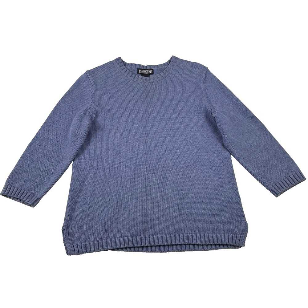 Vintage 90s Lands' End Womens Small Faded Blank Cotton Knit Sweater Blue Classic